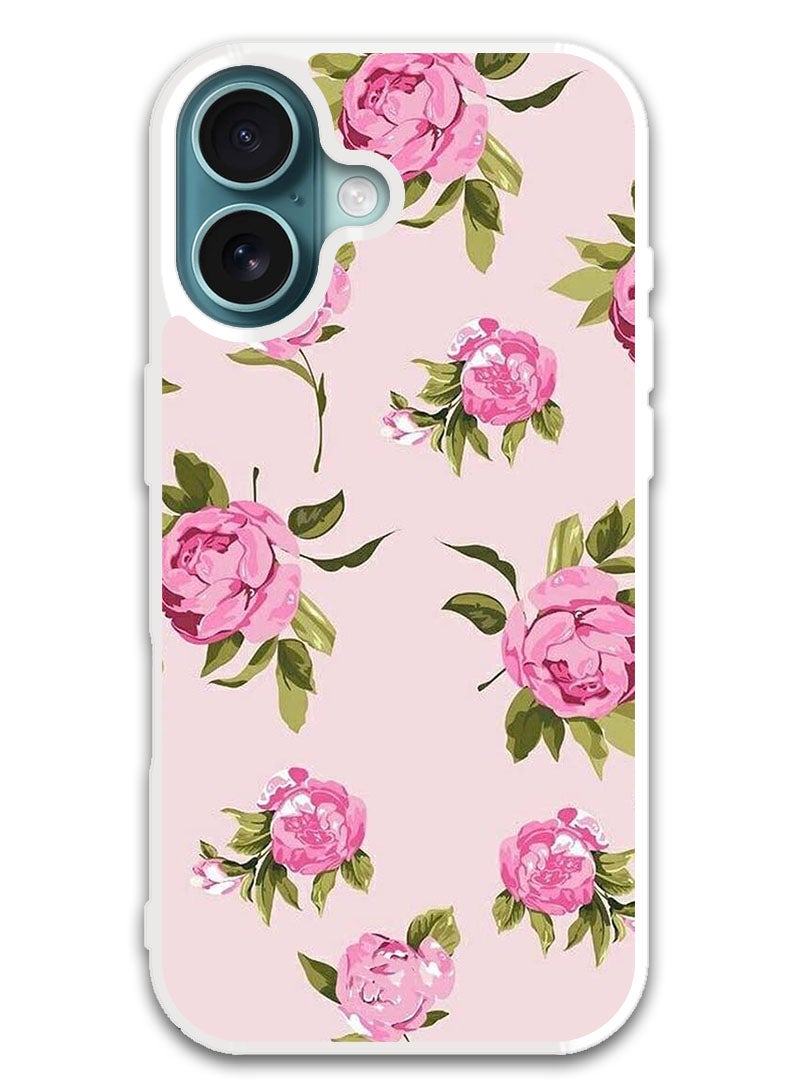 Theodor غطاء حماية لجهاز آبل آيفون 16 بلس برسومات يدوية زهور وردية (حافة بيضاء) - Image 1