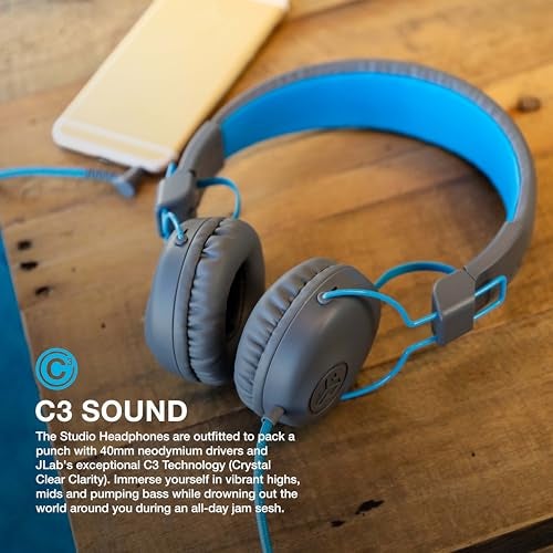 JLab Studio On-Ear Headphones, Wired Headphones, Gray/Blue, Tangle Free Cord, Ultra-Plush Faux Leather with Cloud Foam Cushions, 40mm Neodymium Drivers with C3 Sound - Image 5