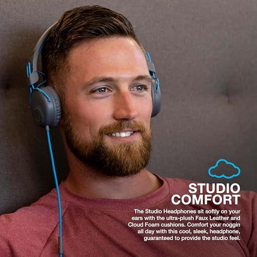 JLab Studio On-Ear Headphones, Wired Headphones, Gray/Blue, Tangle Free Cord, Ultra-Plush Faux Leather with Cloud Foam Cushions, 40mm Neodymium Drivers with C3 Sound - Image 2