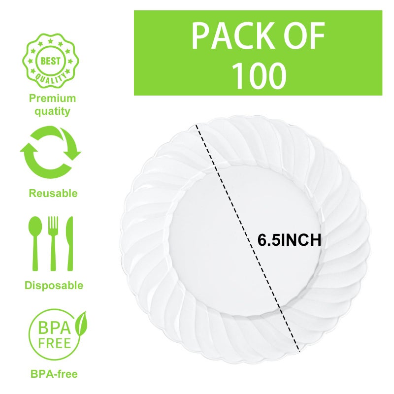 U-QE 100 Pieces White Plastic Plates - 6 Inch White Disposable Plates - Washable & Reusable - Premium Hard Dessert Plates - Party Supplies for Birthdays, Celebrations, Travel, Wedding,Party and Events - Image 2