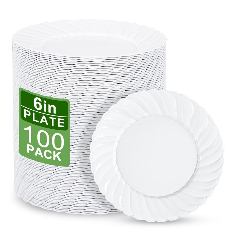 U-QE 100 Pieces White Plastic Plates - 6 Inch White Disposable Plates - Washable & Reusable - Premium Hard Dessert Plates - Party Supplies for Birthdays, Celebrations, Travel, Wedding,Party and Events - Image 1