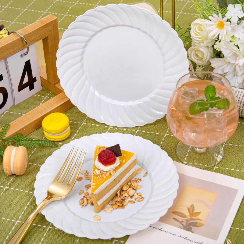 U-QE 100 Pieces White Plastic Plates - 6 Inch White Disposable Plates - Washable & Reusable - Premium Hard Dessert Plates - Party Supplies for Birthdays, Celebrations, Travel, Wedding,Party and Events - Image 3