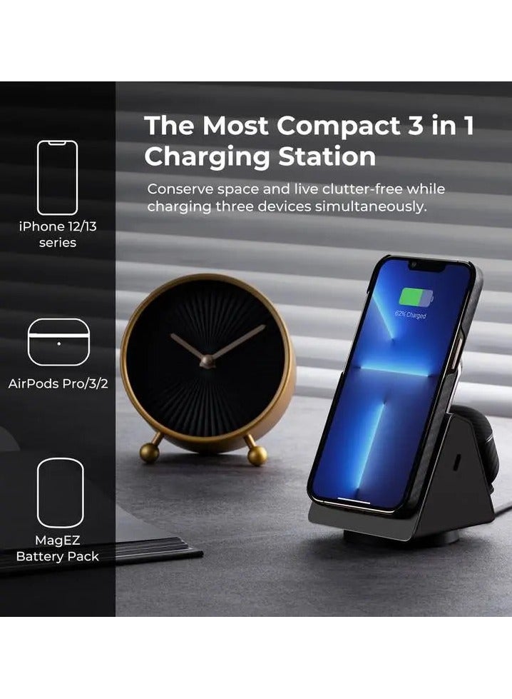 PITAKA Wireless Charger 3 in 1 Qi Fast Charging Stand [MagEZ Slider] Magnetic Charging Station for iPhone 15/14/13/12