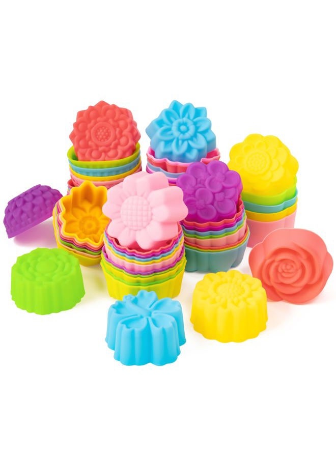R HORSE Mini Silicone Cupcake Liners Molds - 60Pcs 2 Inch Muti-color Floral Shaped Baking Cups, Non-Stick Cupcake Holders Wrappers Reusable Muffin Cups Liners for Oven Pan Microwave Dishwasher - Image 1