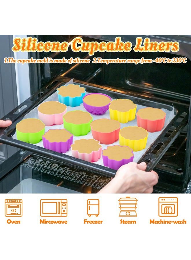R HORSE Mini Silicone Cupcake Liners Molds - 60Pcs 2 Inch Muti-color Floral Shaped Baking Cups, Non-Stick Cupcake Holders Wrappers Reusable Muffin Cups Liners for Oven Pan Microwave Dishwasher - Image 3