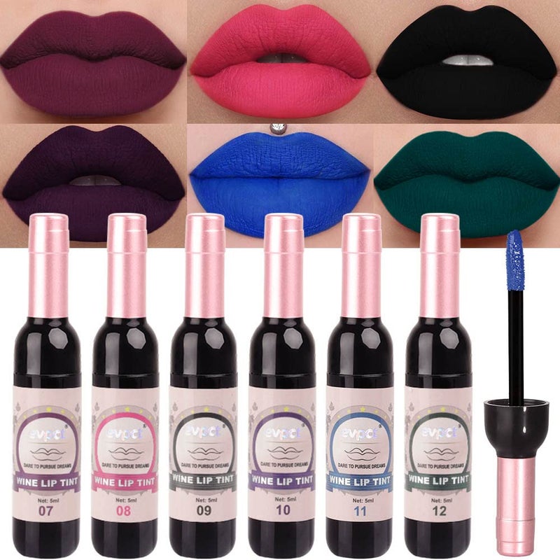 evpct 6 Colors Dark Black Blue Green Purple Rose Red Matte Liquid Lipstick for Women, Wine Lip Tint Stain Makeup Sets Long Lasting Waterproof Wine Bottle Colored 24 Hours Lipstick Lip Stain Peel off - Image 1