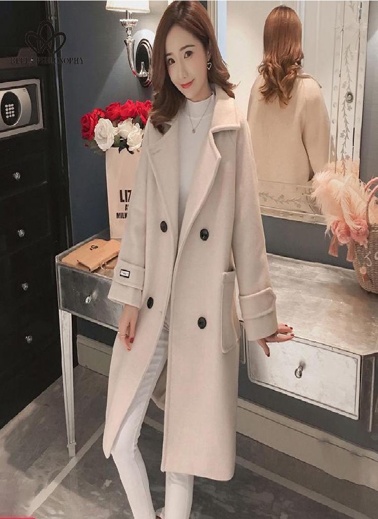Eckek - Women Korean Wool Coat Ladies Solid Casual Coats Single Breasted Turn-down Collar Jakects - Image 1