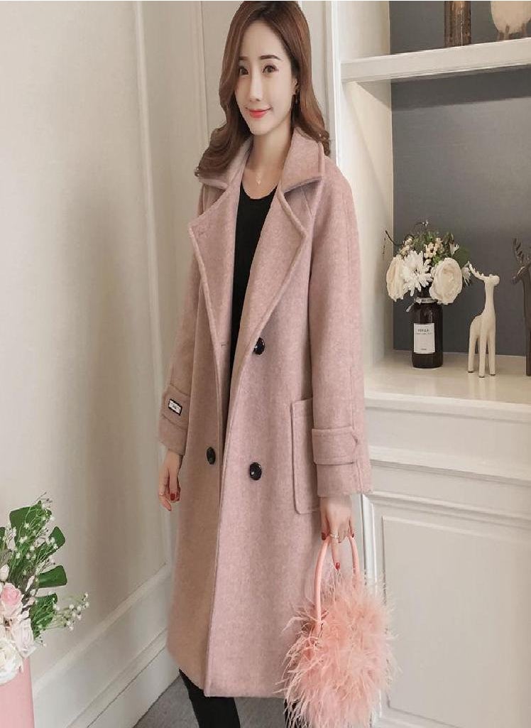 Eckek - Women Korean Wool Coat Ladies Solid Casual Coats Single Breasted Turn-down Collar Jakects - Image 1