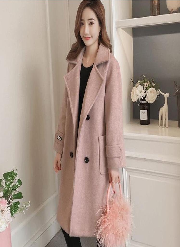 Eckek - Women Korean Wool Coat Ladies Solid Casual Coats Single Breasted Turn-down Collar Jakects - Image 1