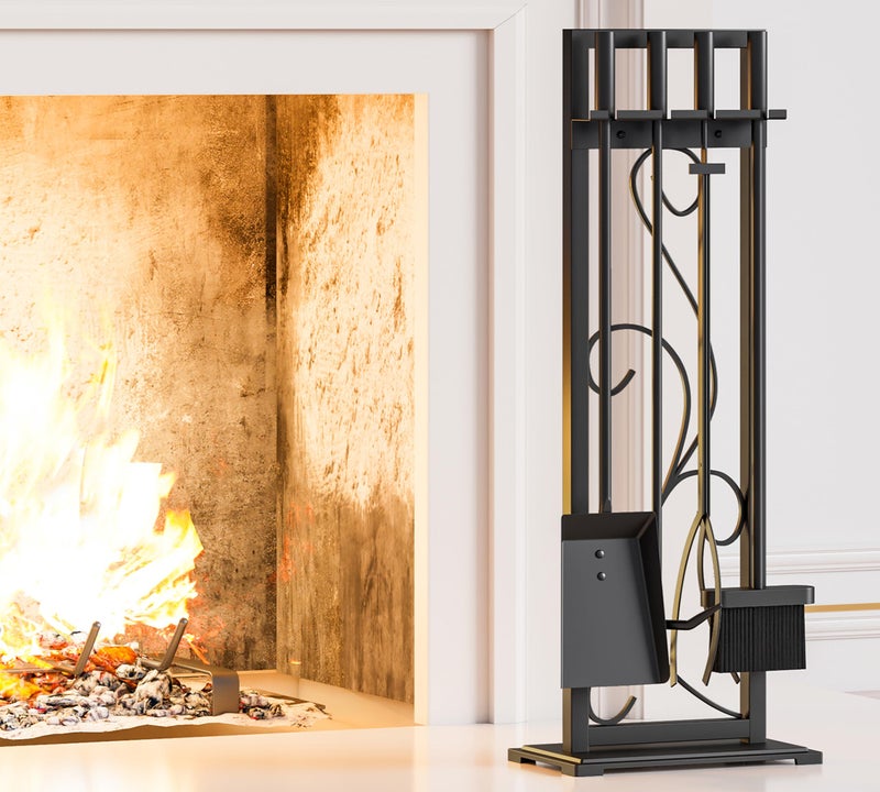 Kingson 5Piece Heavy Duty Wrought Iron Fireplace Tool Set  Durable Indoor  Outdoor Fireplace Accessories with Decorative Black Finish  Stylish and Functional Hearth Dcor for Fireplaces