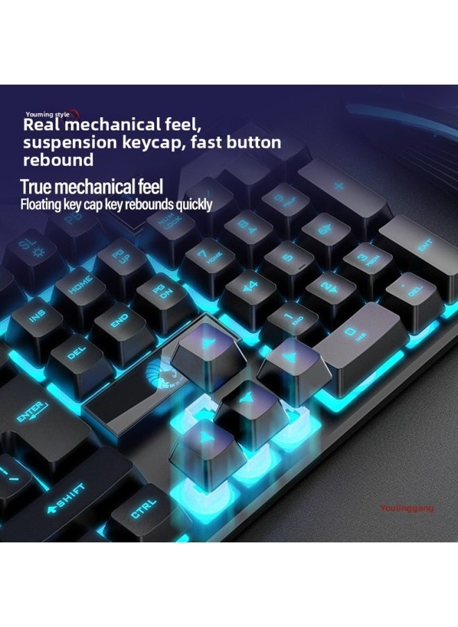 Generic - Mechanical Feel Keyboard Mouse Suit Wired Desktop Computer Notebook Game E-sports Typing Dedicated USB-Color:Mechanical Feel - 1 Year Warranty - Black Characters, White Ice Blue Light - Upgraded Alloy Panel + 6-button Hot Wheels Mouse - No - 104 Keys - Official Standard - Image 1