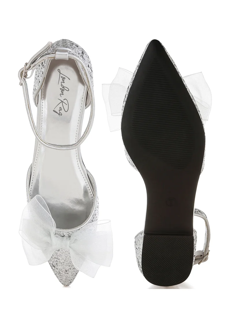 London Rag Sheer Bow Detail Glitter Flat Sandals in Silver