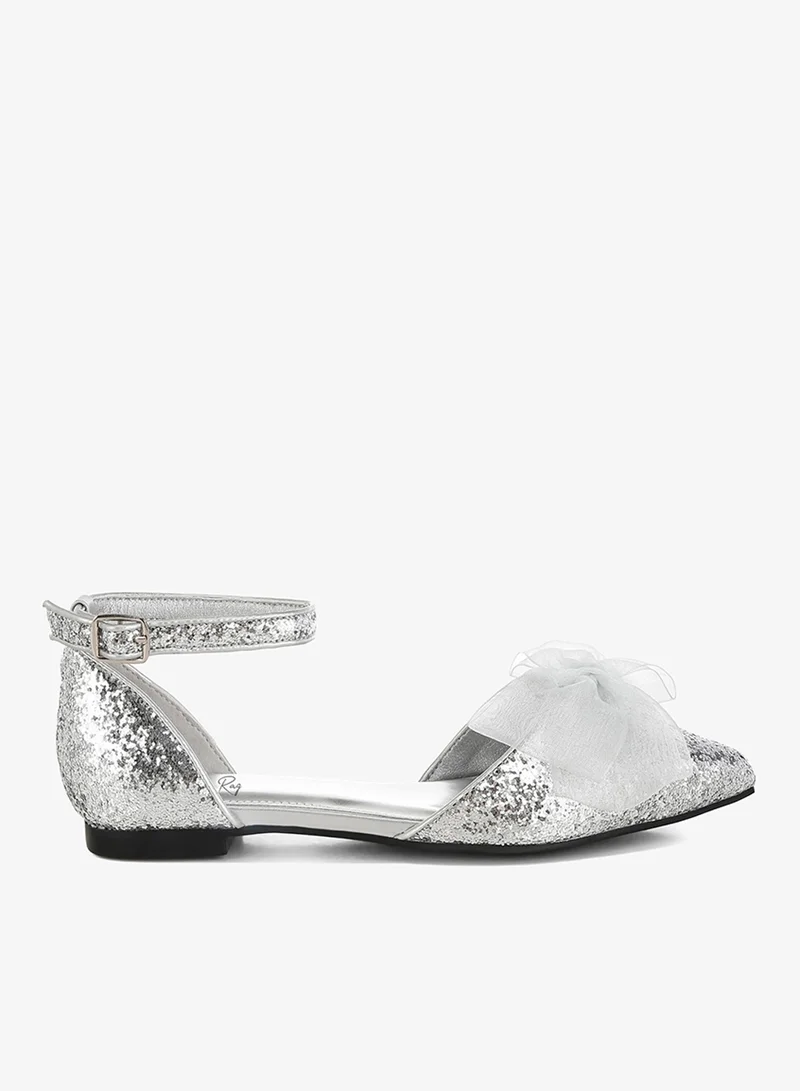 Sheer Bow Detail Glitter Flat Sandals in Silver