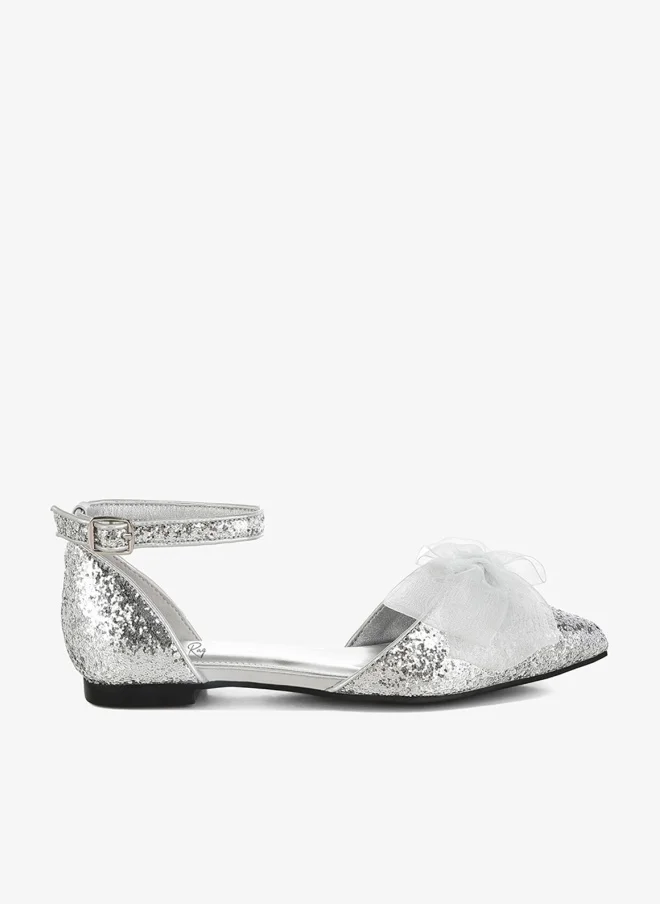 Sheer Bow Detail Glitter Flat Sandals in Silver
