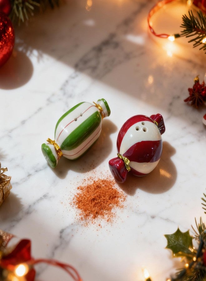 طقم رشاشات ملح وفلفل على شكل حلوى عيد الميلاد من DIF DECO، رشاشات ملح صغيرة لطيفة، عبوات توابل مرسومة يدويًا لعيد الميلاد، مثالية للطبخ المنزلي، والسفر، والشواء، وتزيين المطبخ والمطاعم. - Image 1