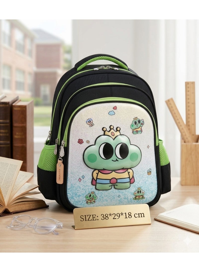 school backpack bag with cartoon frog prince design,black and green,38x29x18 cm - Image 3