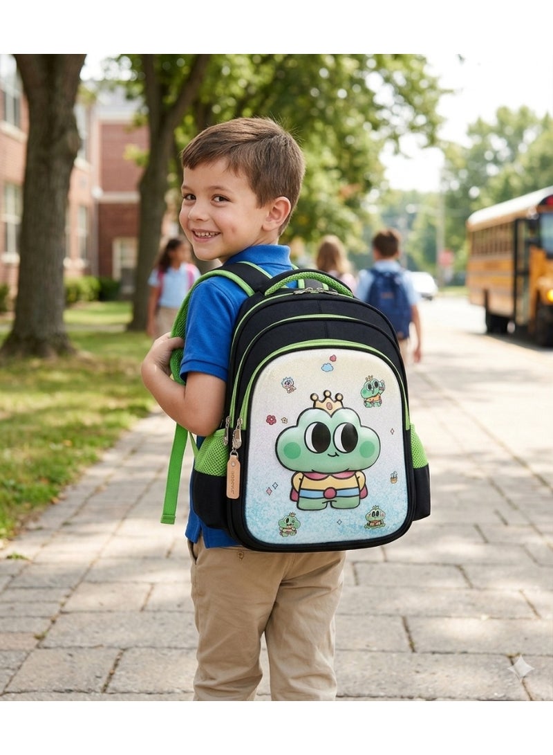 school backpack bag with cartoon frog prince design,black and green,38x29x18 cm - Image 2