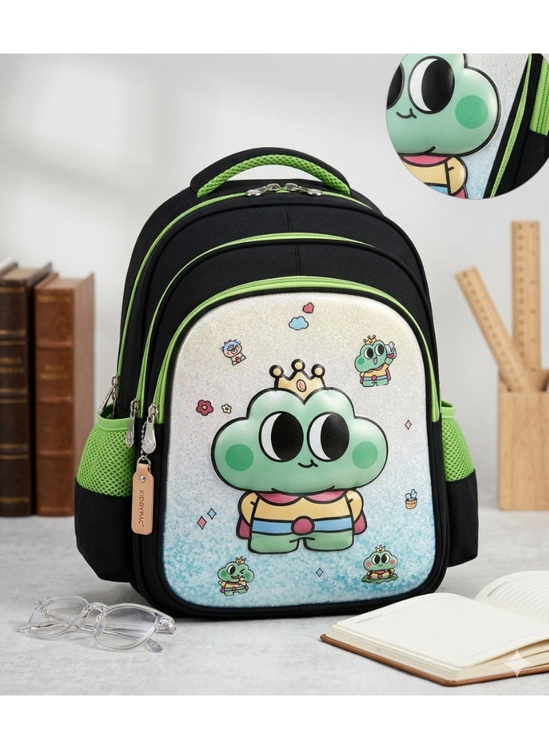 school backpack bag with cartoon frog prince design,black and green,38x29x18 cm - Image 1