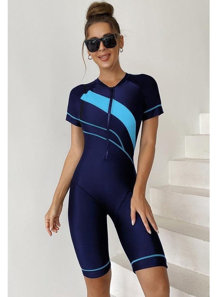FUREUL Women's One Piece Conservative Swimsuit, Fashionable Tight Fitting High Elastic Swimwear, Knee Length Zipper Closure Racing Swimsuit, Round Neck Quick-Drying Conservative Women's Swimsuit, Blue - Image 3