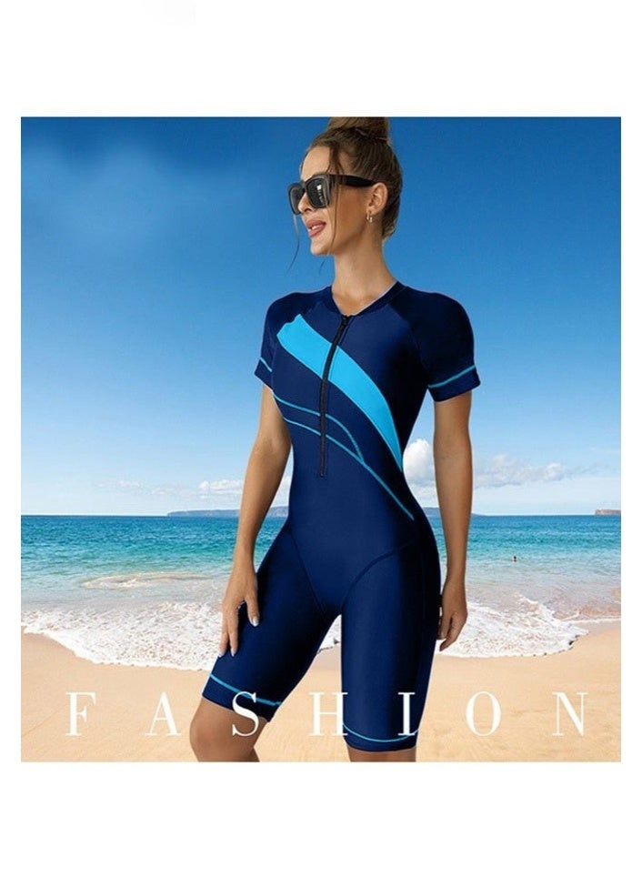 FUREUL Women's One Piece Conservative Swimsuit, Fashionable Tight Fitting High Elastic Swimwear, Knee Length Zipper Closure Racing Swimsuit, Round Neck Quick-Drying Conservative Women's Swimsuit, Blue - Image 2