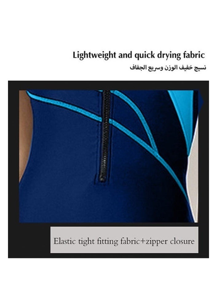 FUREUL Women's One Piece Conservative Swimsuit, Fashionable Tight Fitting High Elastic Swimwear, Knee Length Zipper Closure Racing Swimsuit, Round Neck Quick-Drying Conservative Women's Swimsuit, Blue - Image 4