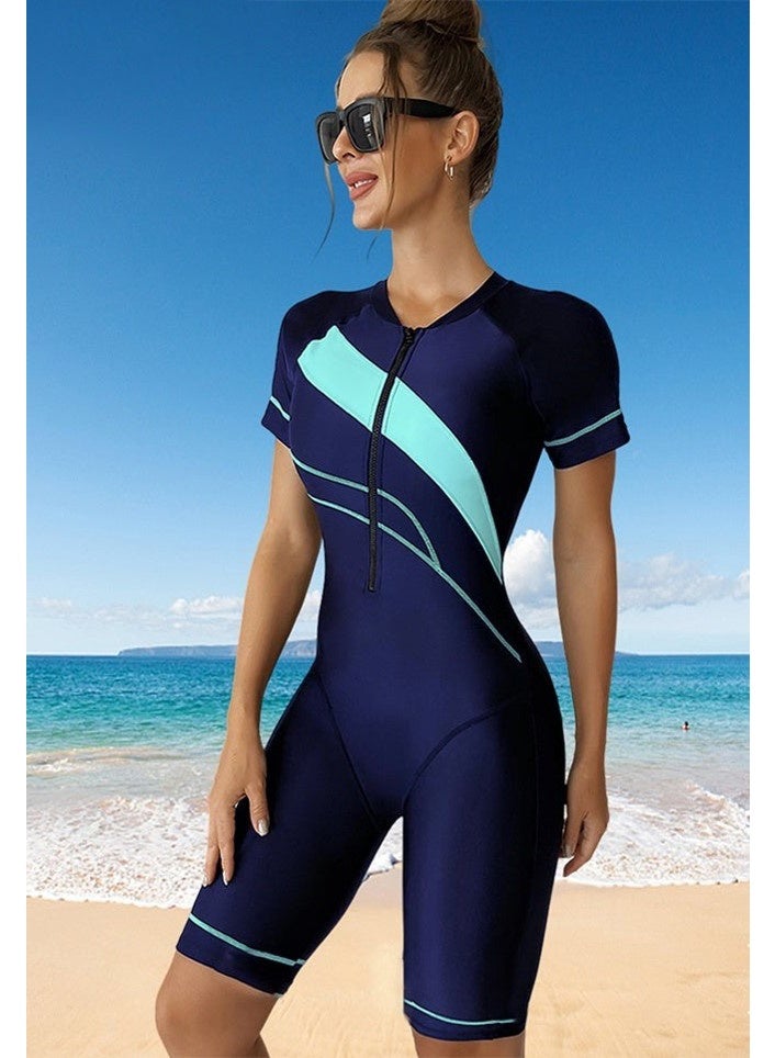 FUREUL Women's One Piece Conservative Swimsuit, Fashionable Tight Fitting High Elastic Swimwear, Knee Length Zipper Closure Racing Swimsuit, Round Neck Quick-Drying Conservative Women's Swimsuit, Blue - Image 1