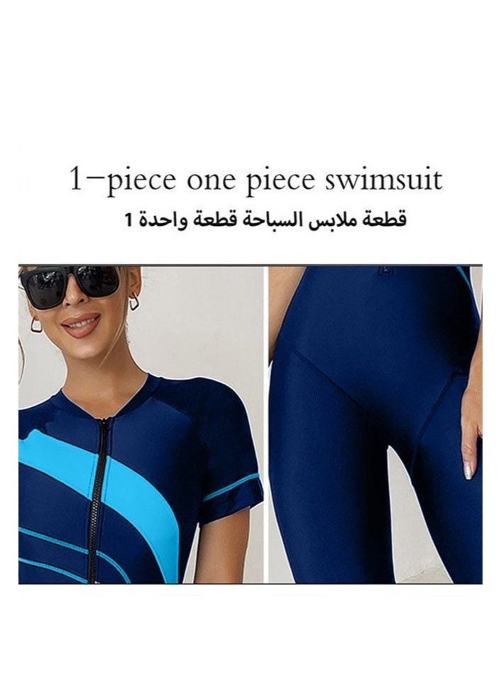 FUREUL Women's One Piece Conservative Swimsuit, Fashionable Tight Fitting High Elastic Swimwear, Knee Length Zipper Closure Racing Swimsuit, Round Neck Quick-Drying Conservative Women's Swimsuit, Blue - Image 5