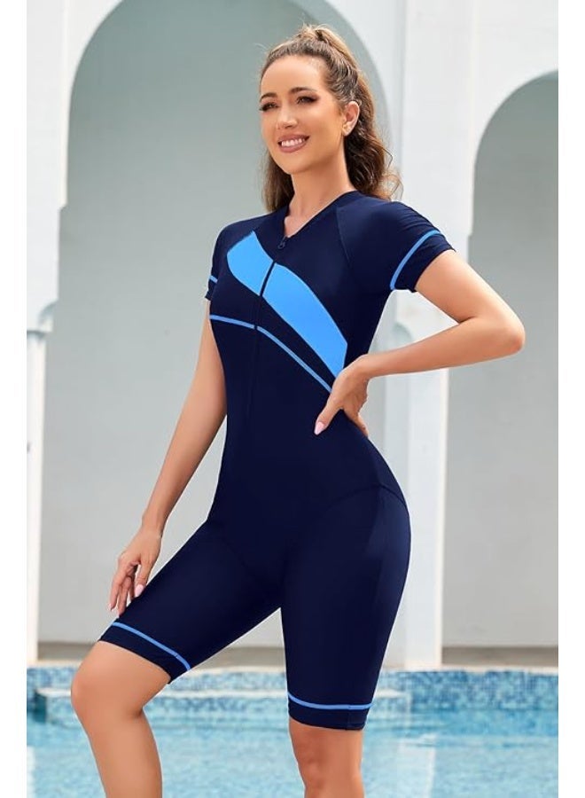 FUREUL Women's One Piece Conservative Swimsuit, Fashionable Tight Fitting High Elastic Swimwear, Knee Length Zipper Closure Racing Swimsuit, Round Neck Quick-Drying Conservative Women's Swimsuit, Blue - Image 1