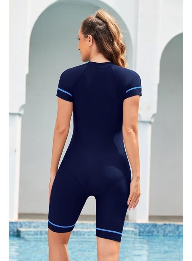 FUREUL Women's One Piece Conservative Swimsuit, Fashionable Tight Fitting High Elastic Swimwear, Knee Length Zipper Closure Racing Swimsuit, Round Neck Quick-Drying Conservative Women's Swimsuit, Blue - Image 2