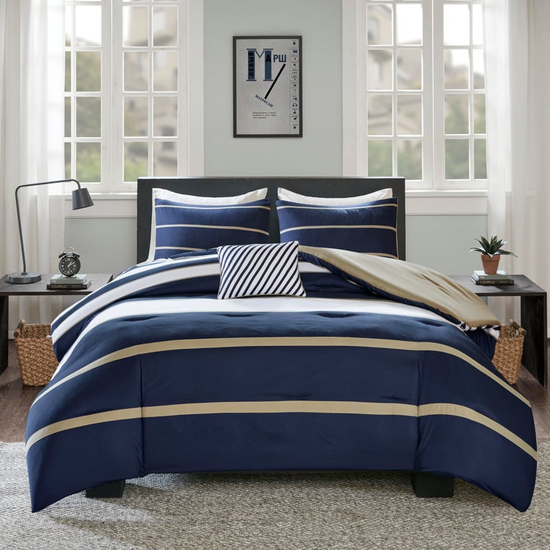 Comfort Spaces Casual Comforter Set Sporty Design, Vibrant Color, Active Lifestyle Boys Bedroom DÃ©cor, All Season Soft Microfiber Bedding Set, Decorative Pillow, Sham Blue/White Queen 4 Piece - Image 1