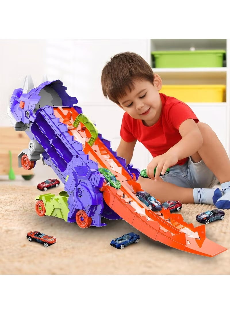 Relex Dinosaur Transporter Truck Foldable Sliding Race Track Toy with 12 Toy Cars for Kids Age 3 4 5 6 7 (Purple) - Image 2