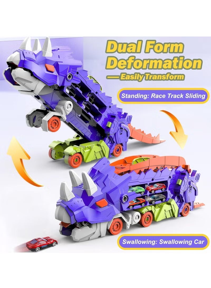 Relex Dinosaur Transporter Truck Foldable Sliding Race Track Toy with 12 Toy Cars for Kids Age 3 4 5 6 7 (Purple) - Image 3