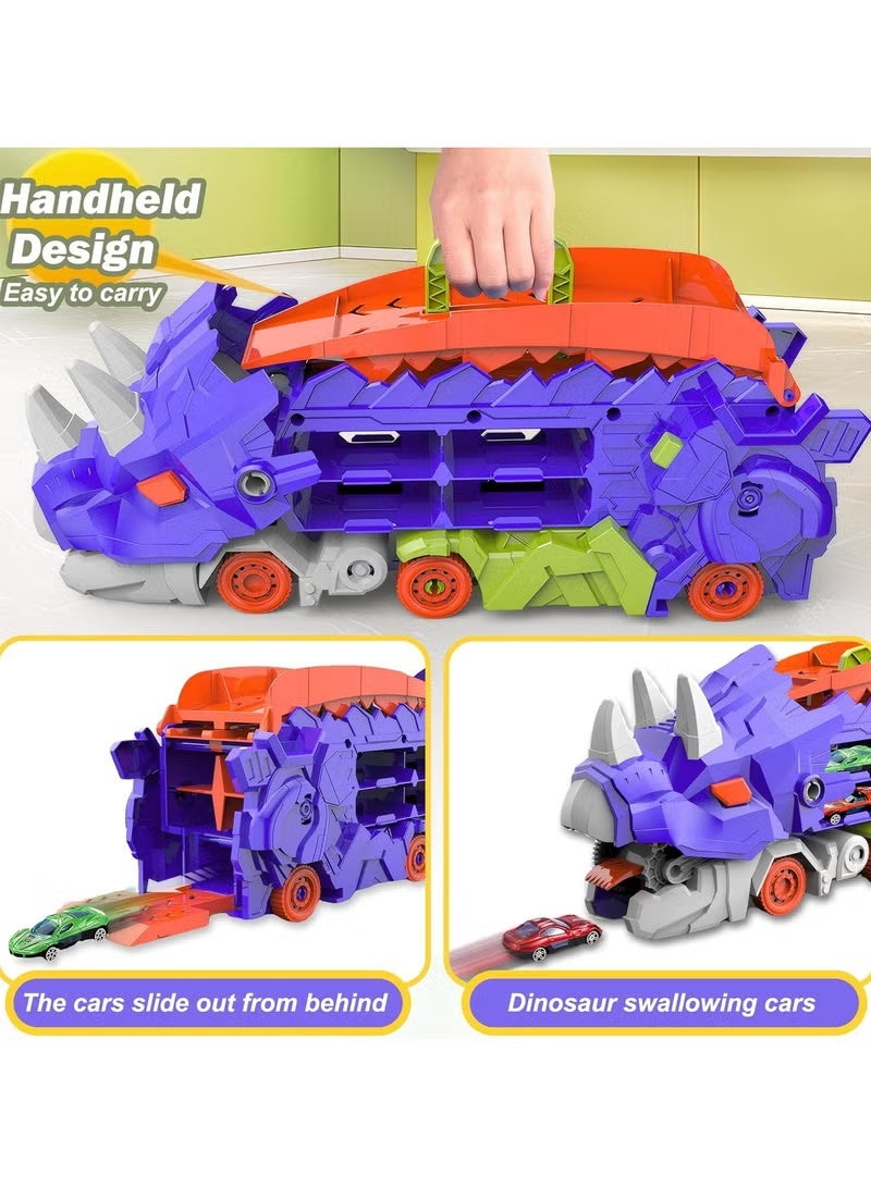 Relex Dinosaur Transporter Truck Foldable Sliding Race Track Toy with 12 Toy Cars for Kids Age 3 4 5 6 7 (Purple) - Image 4