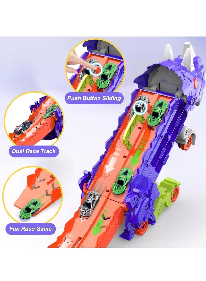 Relex Dinosaur Transporter Truck Foldable Sliding Race Track Toy with 12 Toy Cars for Kids Age 3 4 5 6 7 (Purple) - Image 5