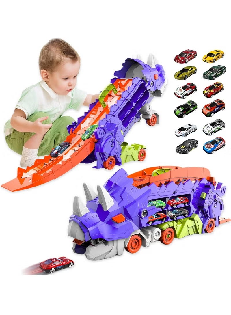Relex Dinosaur Transporter Truck Foldable Sliding Race Track Toy with 12 Toy Cars for Kids Age 3 4 5 6 7 (Purple) - Image 1
