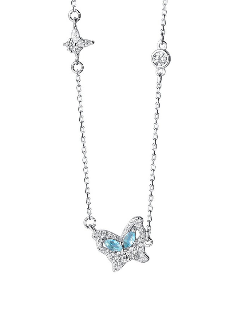 Ice Blue Butterfly Necklace Female Sterling Silver Fashion Light Luxury All-Match Ins French Temperament Clavicle Chain Net Red Forest Series Necklace - Image 1
