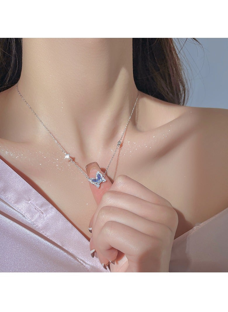Ice Blue Butterfly Necklace Female Sterling Silver Fashion Light Luxury All-Match Ins French Temperament Clavicle Chain Net Red Forest Series Necklace - Image 2