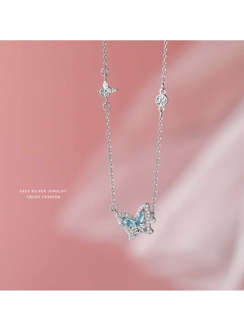 Ice Blue Butterfly Necklace Female Sterling Silver Fashion Light Luxury All-Match Ins French Temperament Clavicle Chain Net Red Forest Series Necklace - Image 4