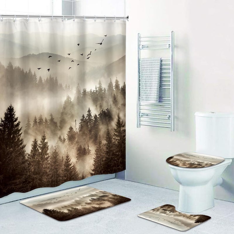 Riyidecor 4PCs Foggy Mountain Shower Curtain Bathroom Set with Non-Slip Rugs,Toilet Lid Cover and Bath Mat Rustic Scenery Pine Tree Waterproof 12 Pack Hooks 72x72 inch Woodland Shower Curtain Decor - Image 5