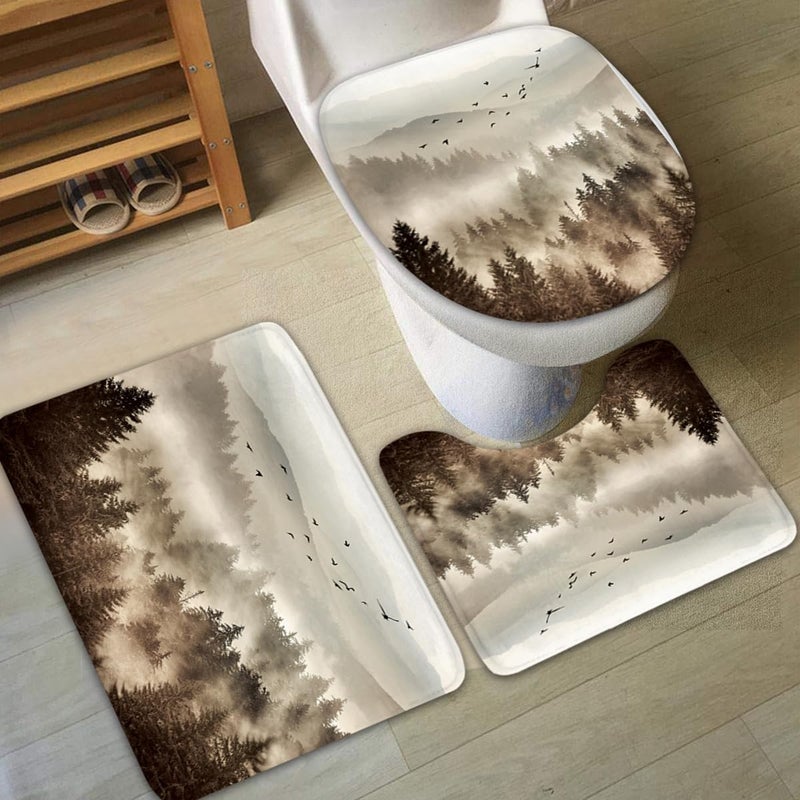 Riyidecor 4PCs Foggy Mountain Shower Curtain Bathroom Set with Non-Slip Rugs,Toilet Lid Cover and Bath Mat Rustic Scenery Pine Tree Waterproof 12 Pack Hooks 72x72 inch Woodland Shower Curtain Decor - Image 2