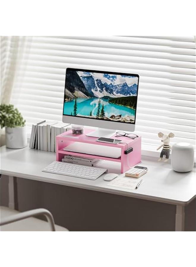 Arabest Monitor Stand Riser, 16.5 Inch 2 Tier Computer Printer Shelf Stand for Laptop Computer Screen Storage, Desktop Stand with Phone Holder and Cable Management (Pink) - Image 2