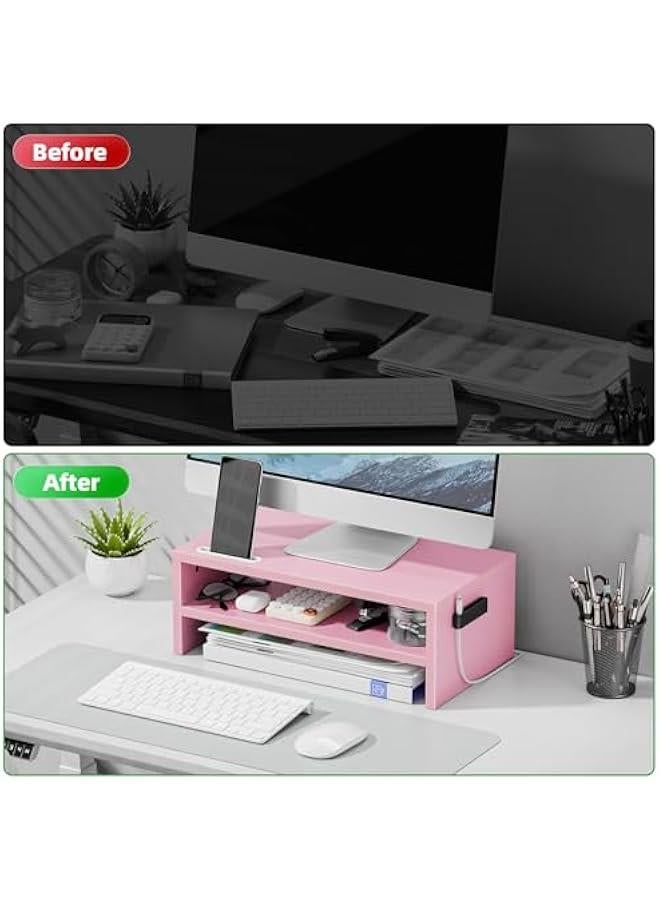 Arabest Monitor Stand Riser, 16.5 Inch 2 Tier Computer Printer Shelf Stand for Laptop Computer Screen Storage, Desktop Stand with Phone Holder and Cable Management (Pink) - Image 4