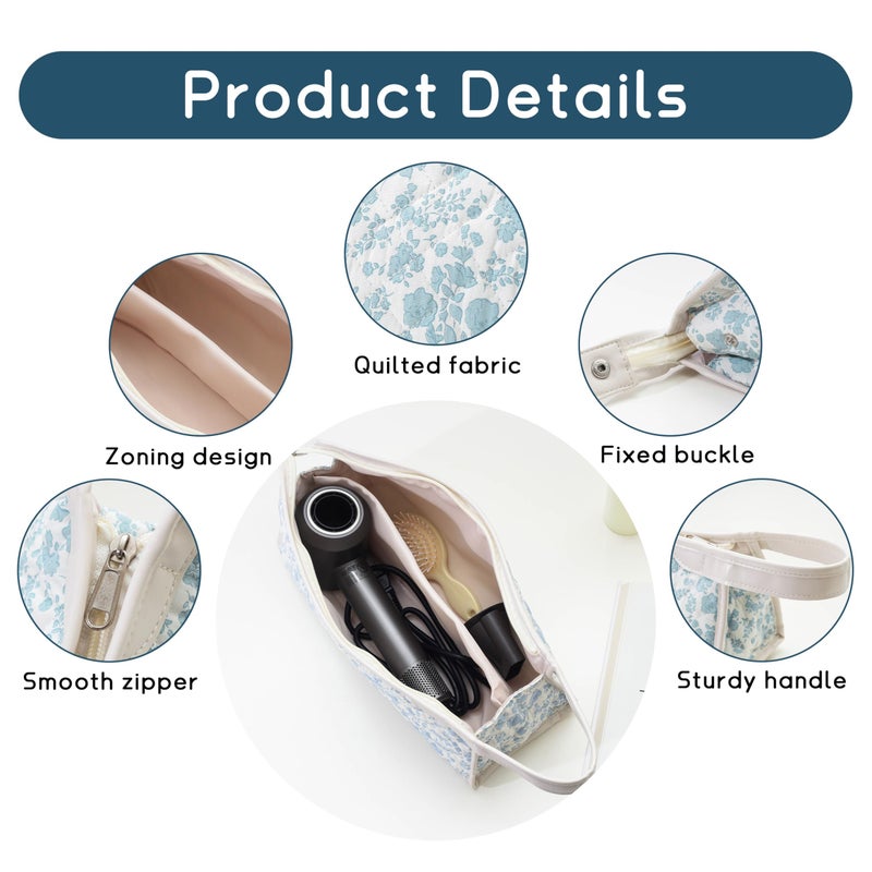 GISMTR Large Quilted Hair Tools Travel Bag, Cotton Floral Carrying Storage Bag for Hair Dryer and Attachments, Cute Portable Organizer with Handle - Image 3