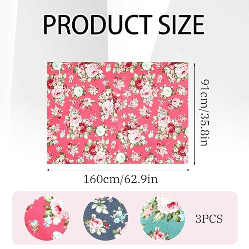 MOSIOBERDAVIAN 3 Pcs 36 x 62 Inch 3 Yards Wide Floral Cotton Fabric Rose Flowers Pattern Fabric Precut Print Quilting Romantic for Quilting,Sewing,Crafts,Home Decor(3 Models) - Image 2