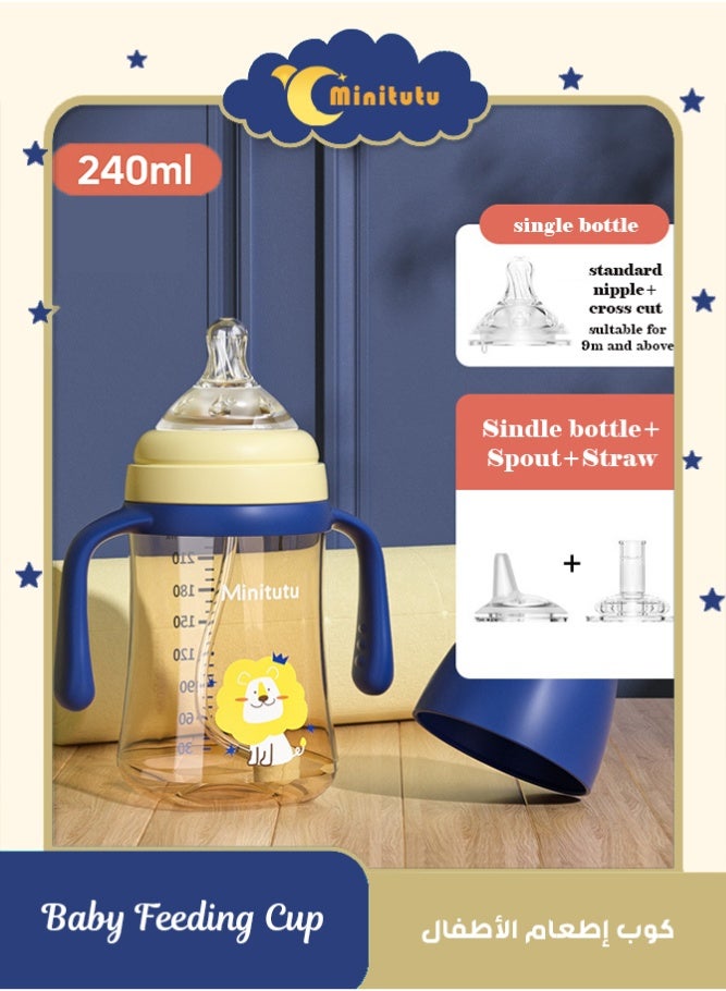 Minitutu 3 in 1 Baby Feeding Bottle 240ml, BPA Free Toddler Training Cup with Blue Handles, Sippy Cup,Soft Nipple Hard Spout Straw Convertible, Leakproof Feeding Bottle for 9+ Months Boys Girls (Lion Print) - Image 1
