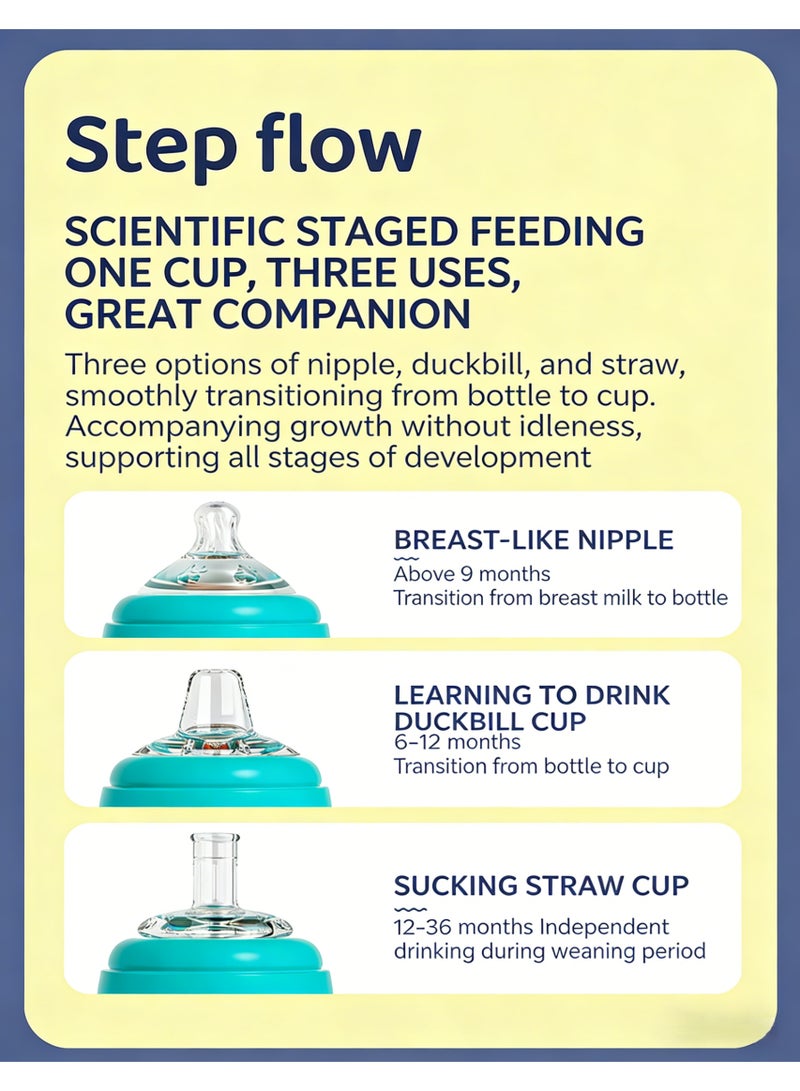 Minitutu 3 in 1 Baby Feeding Bottle 240ml, BPA Free Toddler Training Cup with Blue Handles, Sippy Cup,Soft Nipple Hard Spout Straw Convertible, Leakproof Feeding Bottle for 9+ Months Boys Girls (Lion Print) - Image 3
