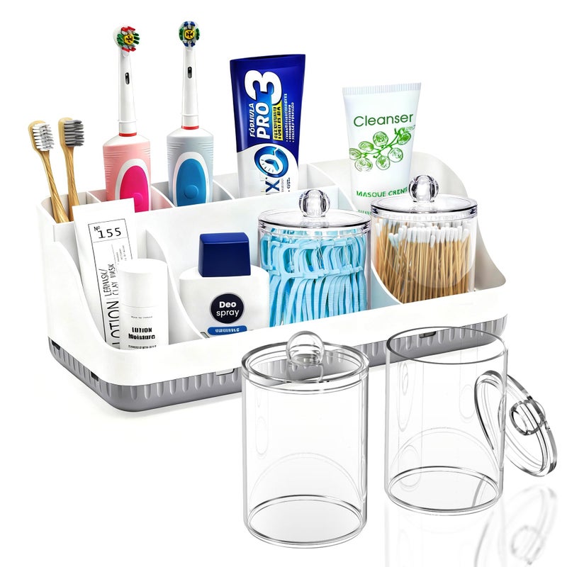 Homtalker Bathroom Counter Organizer and Storage with 2 Pack Qtip Holder Dispenser, 7 Slots Detachable Toothbrush Holders for Bathrooms, Anti-Slip Electric Toothbrush and Toothpaste Holder Countertop - Image 1