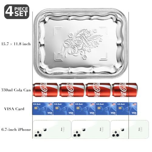 ZENOVLUX 4-Pack 15.7" x 11.8" Silver Serving Trays for Party Set - Floral Engraved Serving Platters, Wedding Birthday Mirror Tray for Summer BBQ, Food, Appetizer, Charcuterie, Cookies, Desserts - Image 3