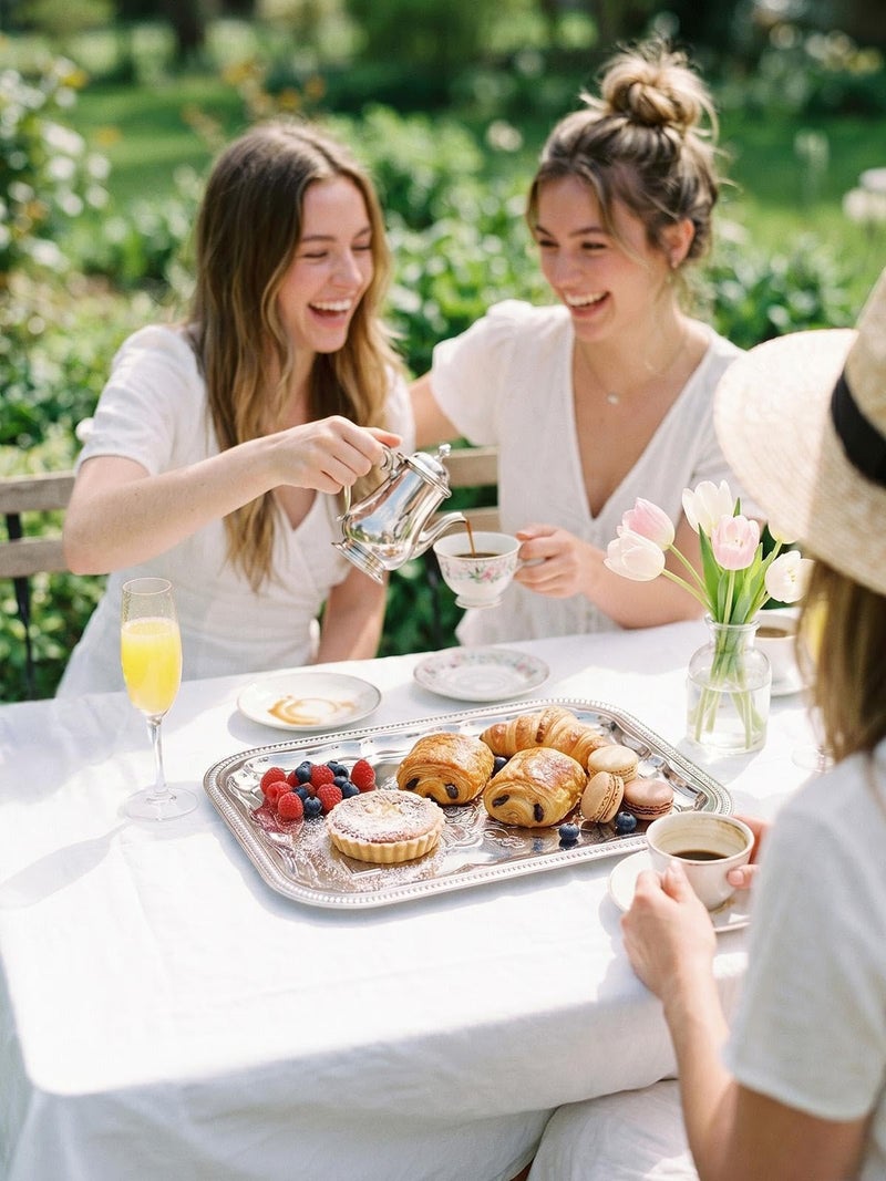 ZENOVLUX 4-Pack 15.7" x 11.8" Silver Serving Trays for Party Set - Floral Engraved Serving Platters, Wedding Birthday Mirror Tray for Summer BBQ, Food, Appetizer, Charcuterie, Cookies, Desserts - Image 2