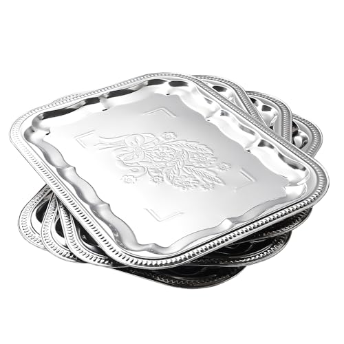 ZENOVLUX 4-Pack 15.7" x 11.8" Silver Serving Trays for Party Set - Floral Engraved Serving Platters, Wedding Birthday Mirror Tray for Summer BBQ, Food, Appetizer, Charcuterie, Cookies, Desserts - Image 1